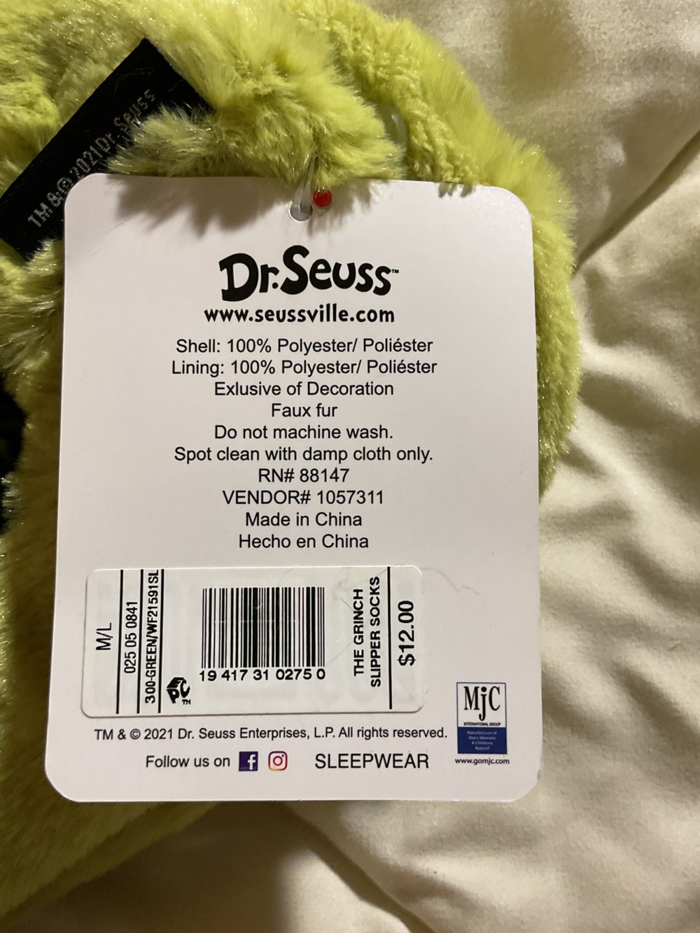 Grinch Green Fuzzy Slippers - Picture 3 of 3